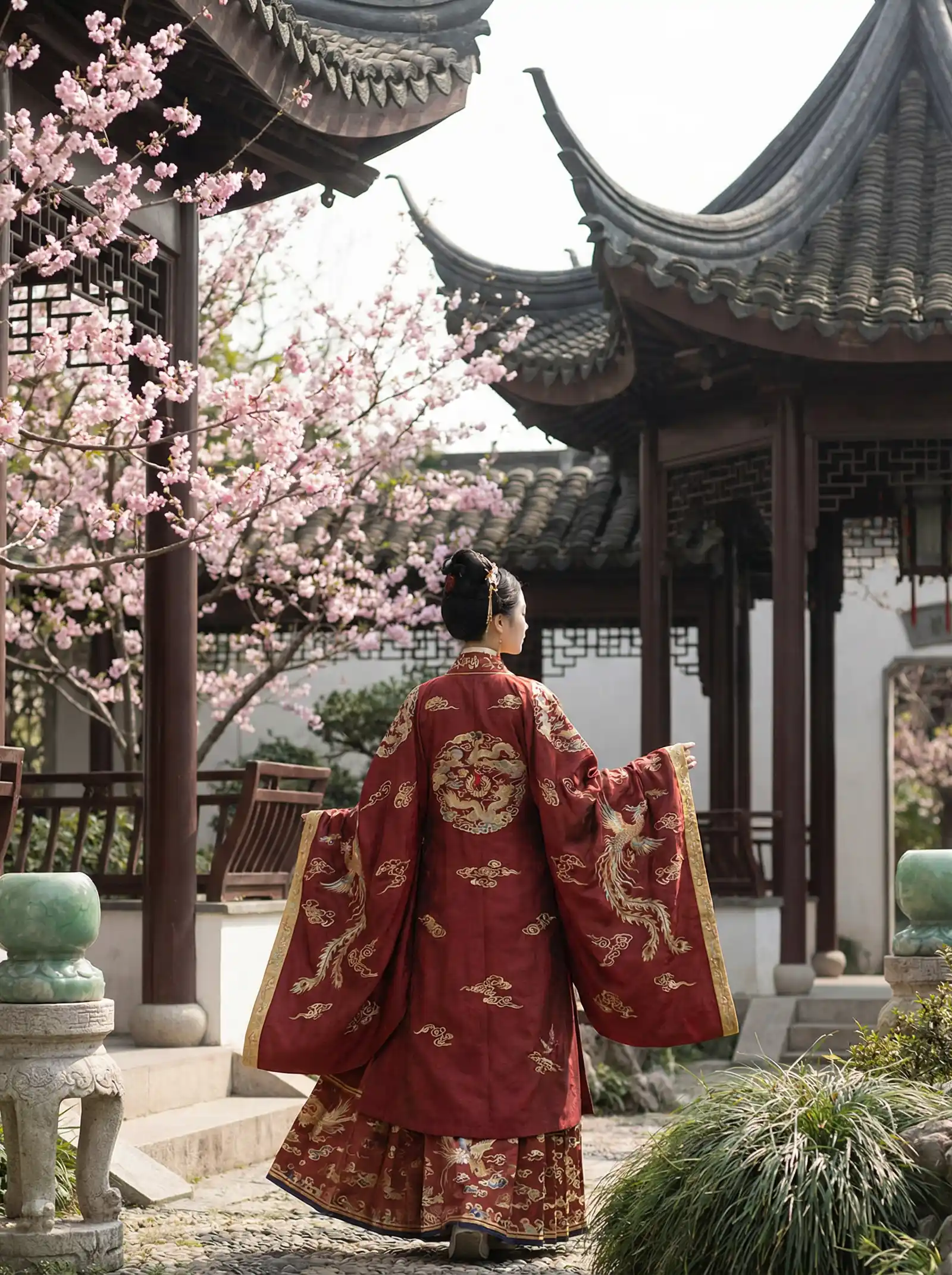 射雕英雄传古天乐 明制汉服红色凤凰刺绣